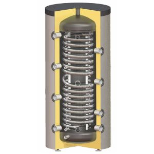 KHT HPH-10-400-GP-PU PREMIUM - HIGIENICZNY, STOJĄCY ZBIORNIK BUFOROWY Z NIERDZEWNĄ WĘŻOWNICĄ 4,5 M2 W TWARDEJ IZOLACJI PU 400 L