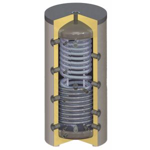 KHT HPH-11-400-GP-PU - HIGIENICZNY, STOJĄCY ZBIORNIK BUFOROWY Z NIERDZEWNĄ WĘŻOWNICĄ 4,5 M2 I WĘŻOWNICĄ ZE STALI WĘGLOWEJ 1,8 M2 W TWARDEJ IZOLACJI PU 400 L