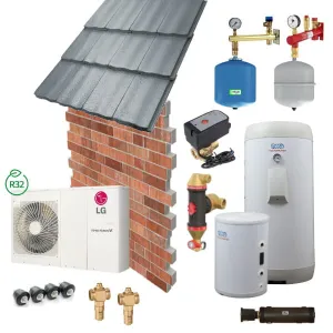 ZESTAW Z POMPĄ CIEPŁA 7KW LG HM071M (R32) TYPU MONOBLOK,  BUFOREM C.O, PODGRZEWACZEM C.W.U, ORAZ ARMATURĄ PRZYŁĄCZENIOWO - ZABEZPIECZAJĄCĄ