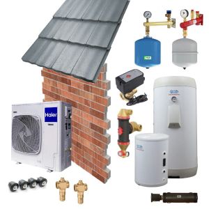 ZESTAW Z POMPĄ CIEPŁA 8KW HAIER AU082FYCRA(HW) (R32) TYPU MONOBLOK,  BUFOREM C.O, PODGRZEWACZEM C.W.U, ORAZ ARMATURĄ PRZYŁĄCZENIOWO - ZABEZPIECZAJĄCĄ 