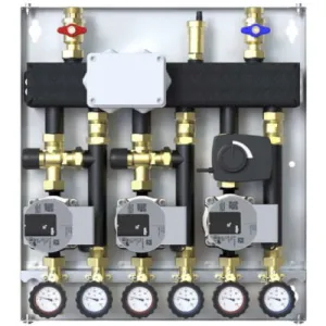 ZESTAW HYDRAULICZNY DEFRO DCM 20 3-OBIEGI (2 GR. Z ZAWOREM TERMOSTATYCZNYM, 1 GR. Z ZAWOREM MIESZAJĄCYM I SIŁOWNIKIEM), POMPY WILO PARA 15/6 DCM-WP-15