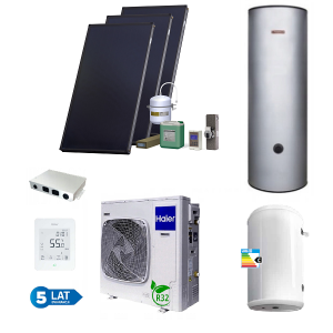 PAKIET SOLARNY HEWALEX Z POMPĄ CIEPŁA HAIER 8KW (HAIER 8kW monoblok; zbiornik C.W.U nierdzewny TERMICA 300 l 2W 1,7/1,7 m2; bufor 120 l; zestaw solarny HX00-3KS2100)  