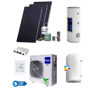 PAKIET SOLARNY HEWALEX Z POMPĄ CIEPŁA HAIER 5KW (HAIER 5kW monoblok; zbiornik C.W.U GALMET TOWER BIWAL 300 L 2W 1,4/1,1m2; bufor 80 l; zestaw solarny HX00-3KS2100) 
