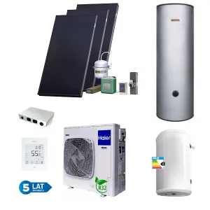 PAKIET SOLARNY HEWALEX Z POMPĄ CIEPŁA HAIER 5KW (HAIER 5kW monoblok; zbiornik C.W.U nierdzewny TERMICA 300 l 2W 1,7/1,7 m2; bufor 80 l; zestaw solarny HX00-3KS2100) 