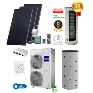 PAKIET SOLARNY HEWALEX Z POMPĄ CIEPŁA HAIER 11KW (HAIER 11kW monoblok; zbiornik C.W.U VASTI 250 l 2W 2,4/1,3m2; bufor 200 l; zestaw solarny HX00-3KS2100)