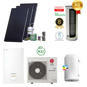 PAKIET SOLARNY HEWALEX Z POMPĄ CIEPŁA LG 9KW (LG 9kW split; zbiornik C.W.U nierdzewny VASTI 250 l 2W 2,4/1,3m2; bufor 140 l; zestaw solarny HX00-3KS2100)