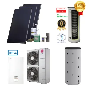 PAKIET SOLARNY HEWALEX Z POMPĄ CIEPŁA LG 12KW (LG 12kW split; zbiornik C.W.U nierdzewny VASTI 300 l 2W 3,1/1,3m2; bufor 200 l; zestaw solarny HX00-3KS2100)  
